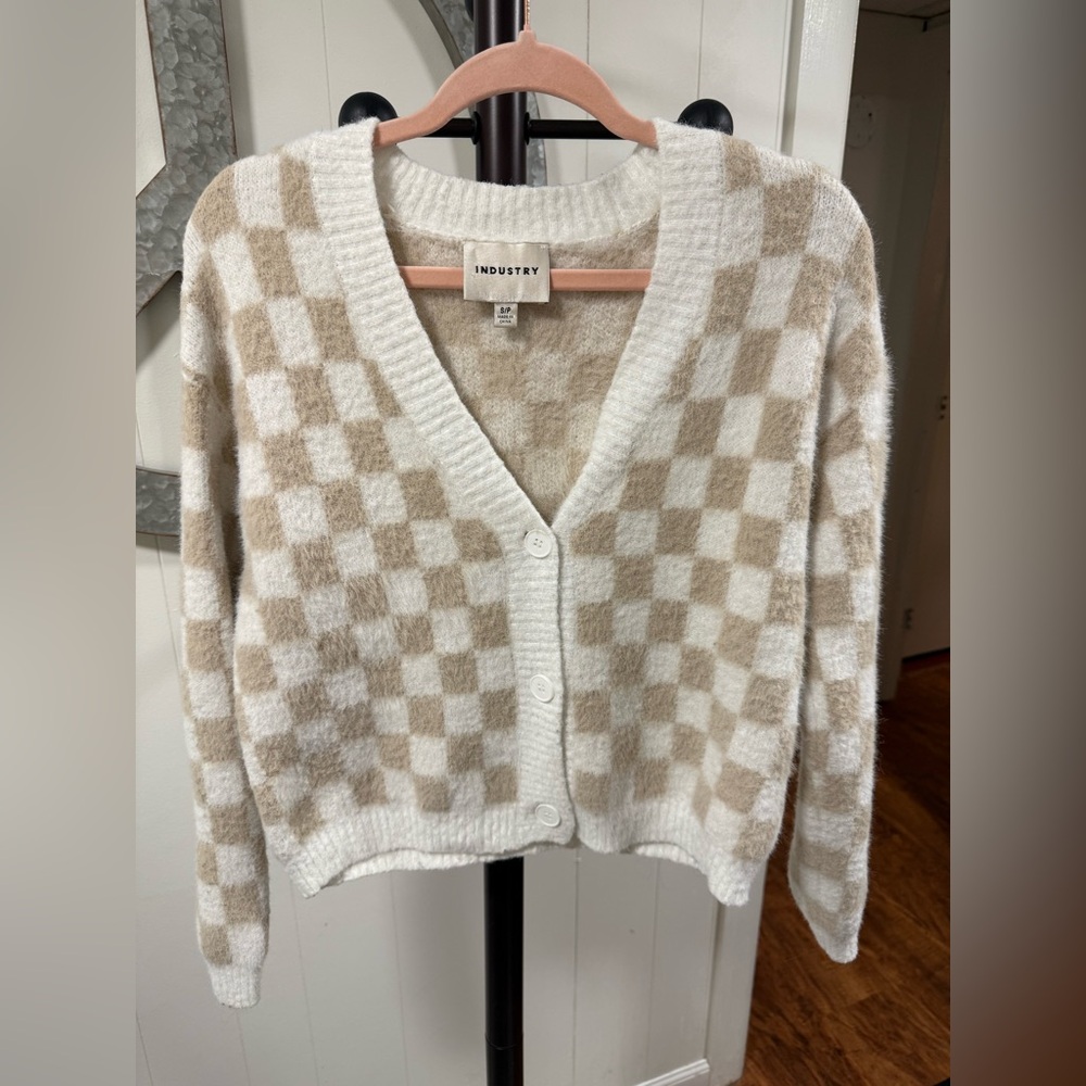 Industry Republic Sweater Womens Small Beige Checkered Fuzzy Cardigan